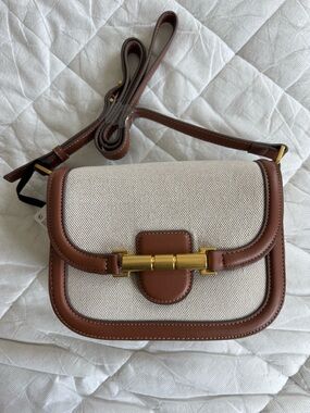 Canvas and Brown Leather Crossbody Bag with Gold-Tone Hardware brand new